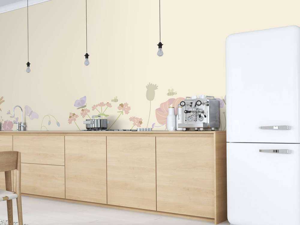 Field of flowers with butterflies beige, old pink, green and lilac