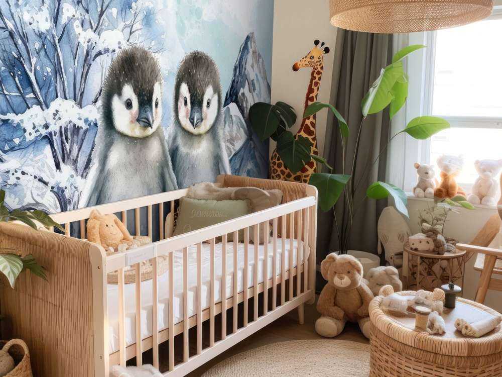 Cute penguins in winter landscape