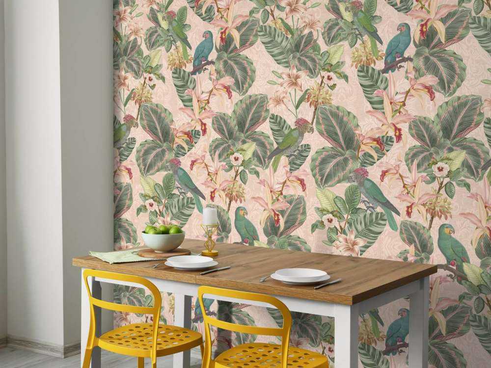 Tropical Jungle birds & parrots - soft pink