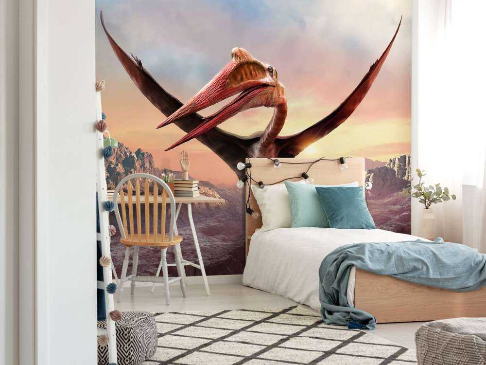 Quetzalcoatlus flying over mountains