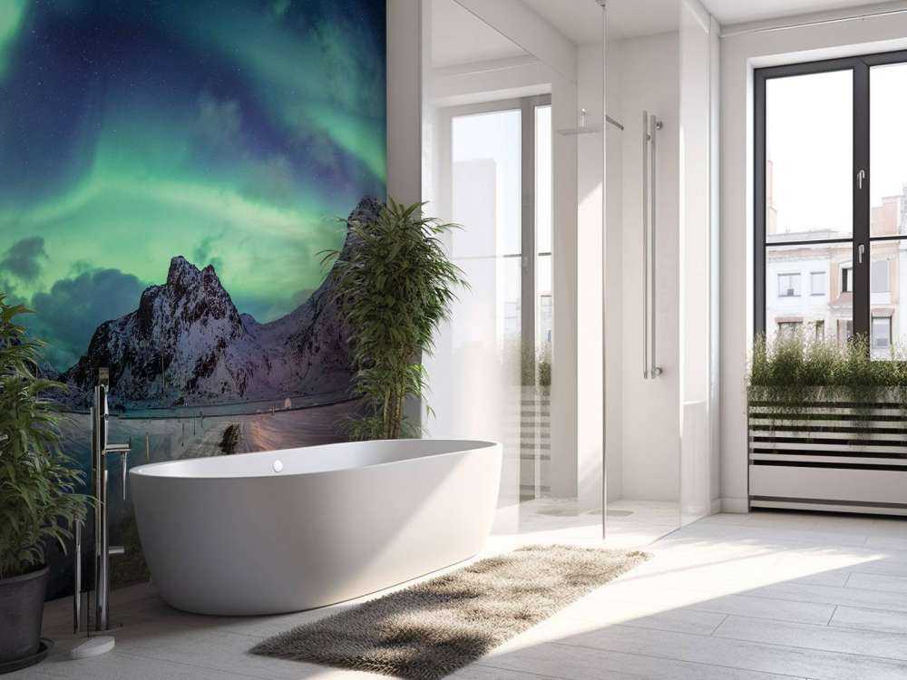 Northern lights above snowy mountains