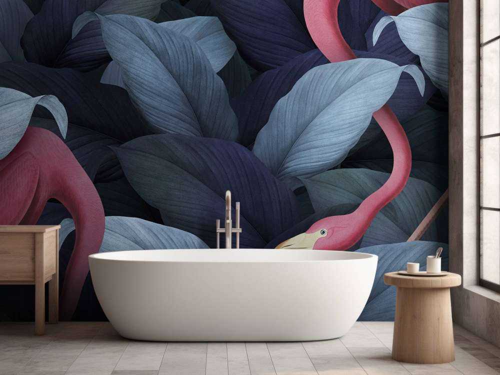 Flamingos with leaves