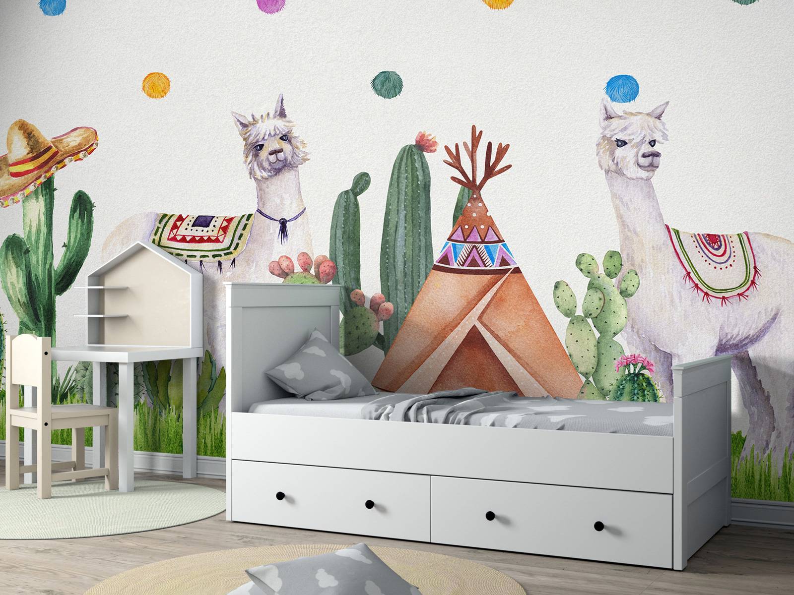 Alpacas between cacti