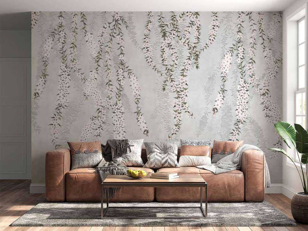 Flower branches on light blue concrete