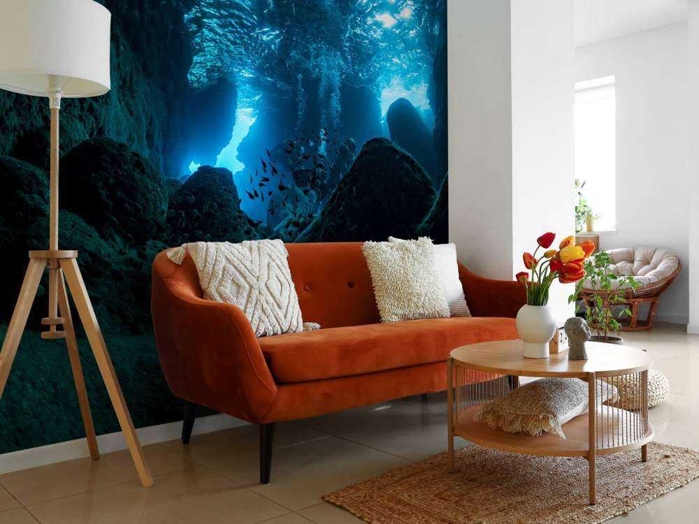 Sunbeams in underwater cave