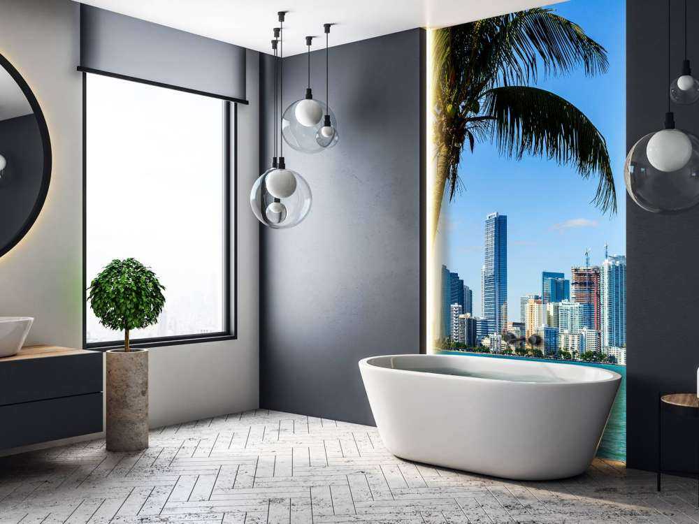 Miami skyline met een palmboom op de voorgrond