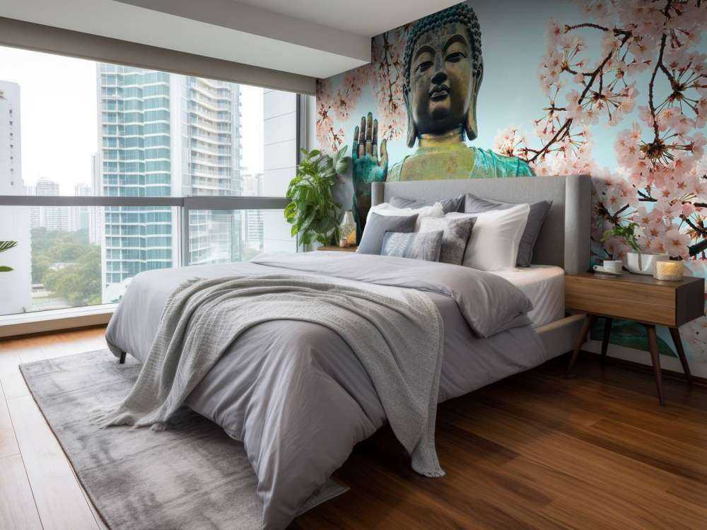 Buddha surrounded with cherry flowers