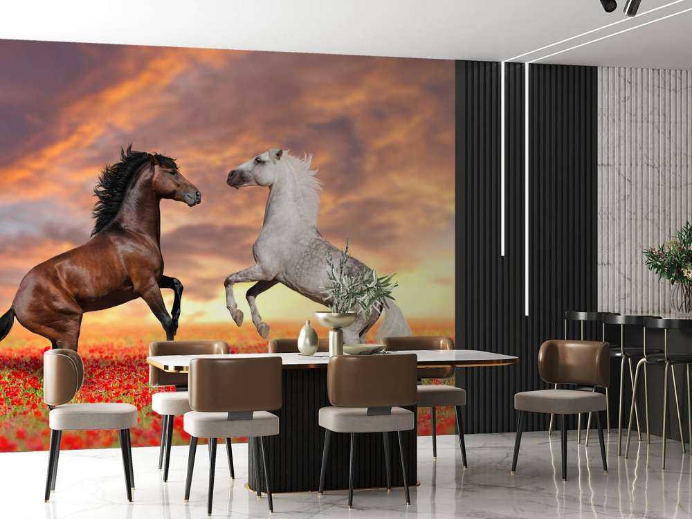 Verliefde paarden in een bloemenveld