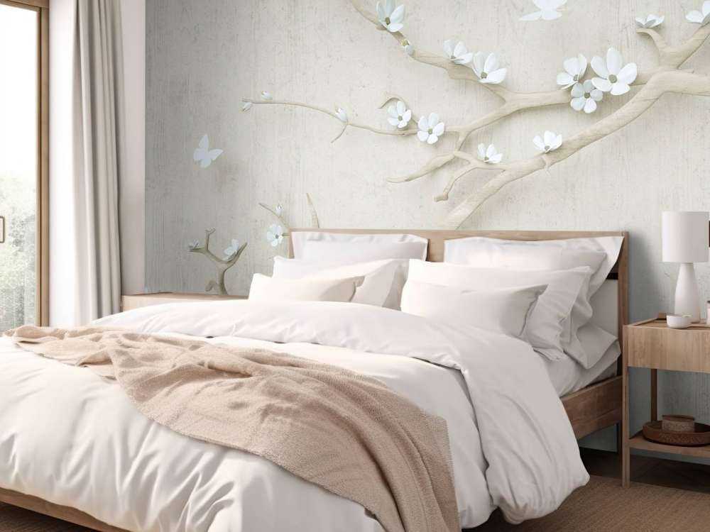 Branch with white flowers on wooden background