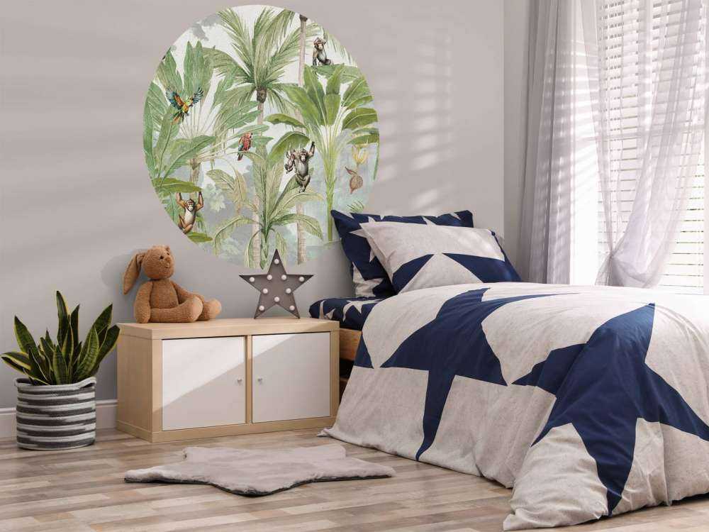 Jungle with monkeys and parrots in color