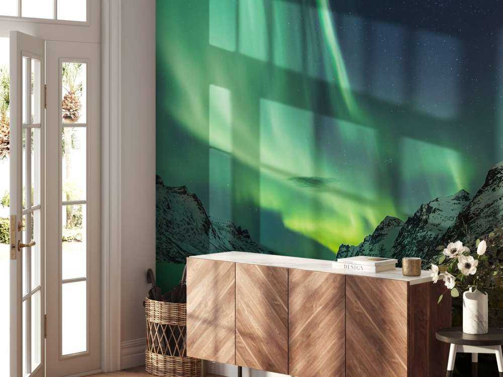 Northern lights between two fjords