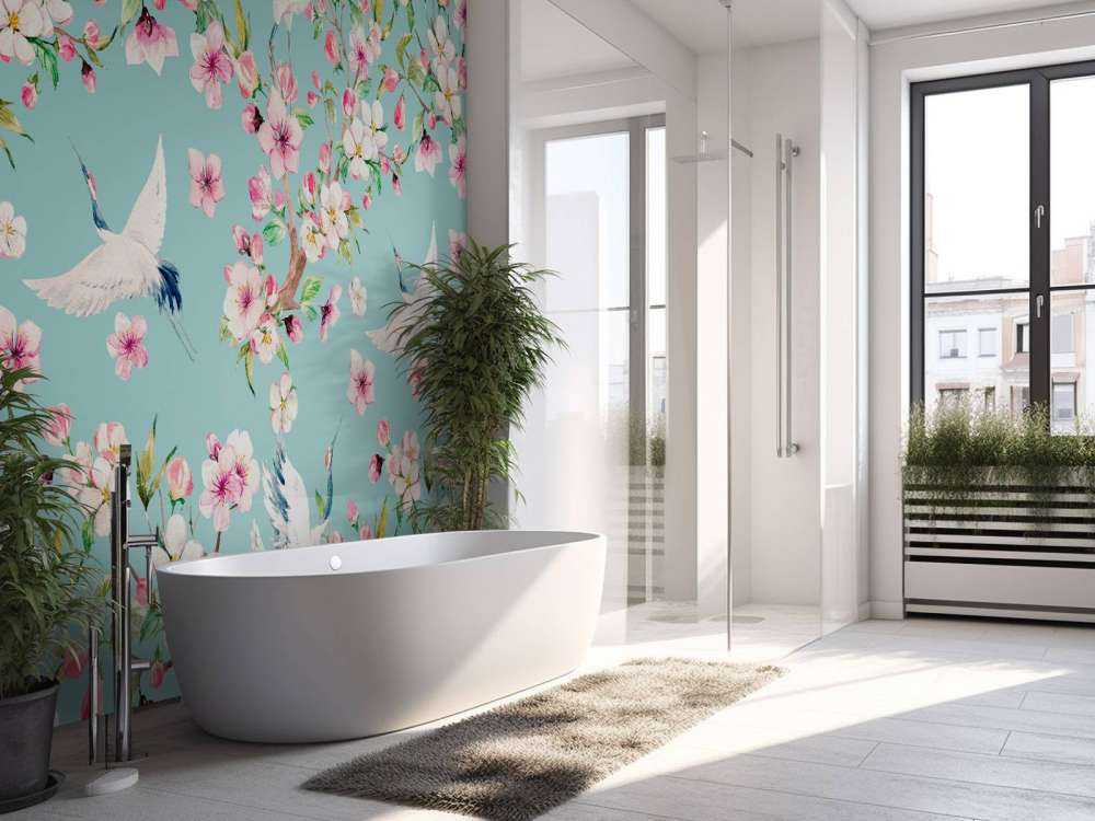 Cranes between pink flowers