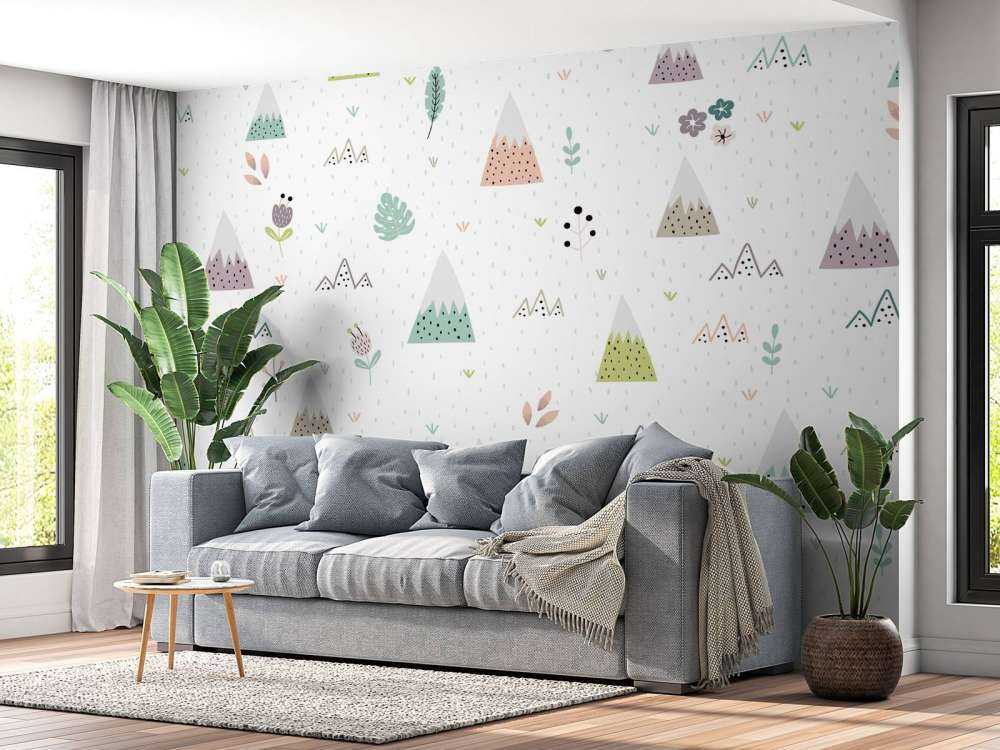 Mountains, plants and flowers pattern