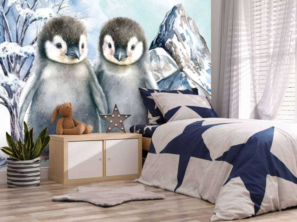 Cute penguins in winter landscape