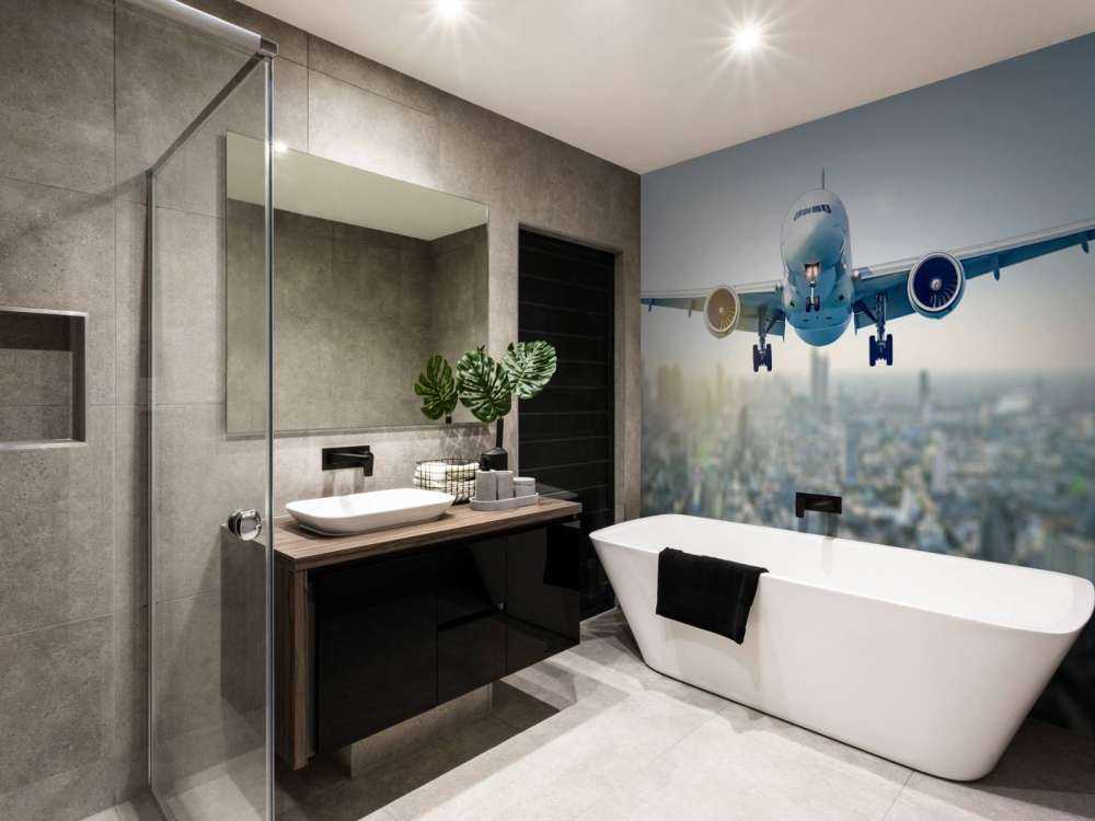 Descending airplane over a city