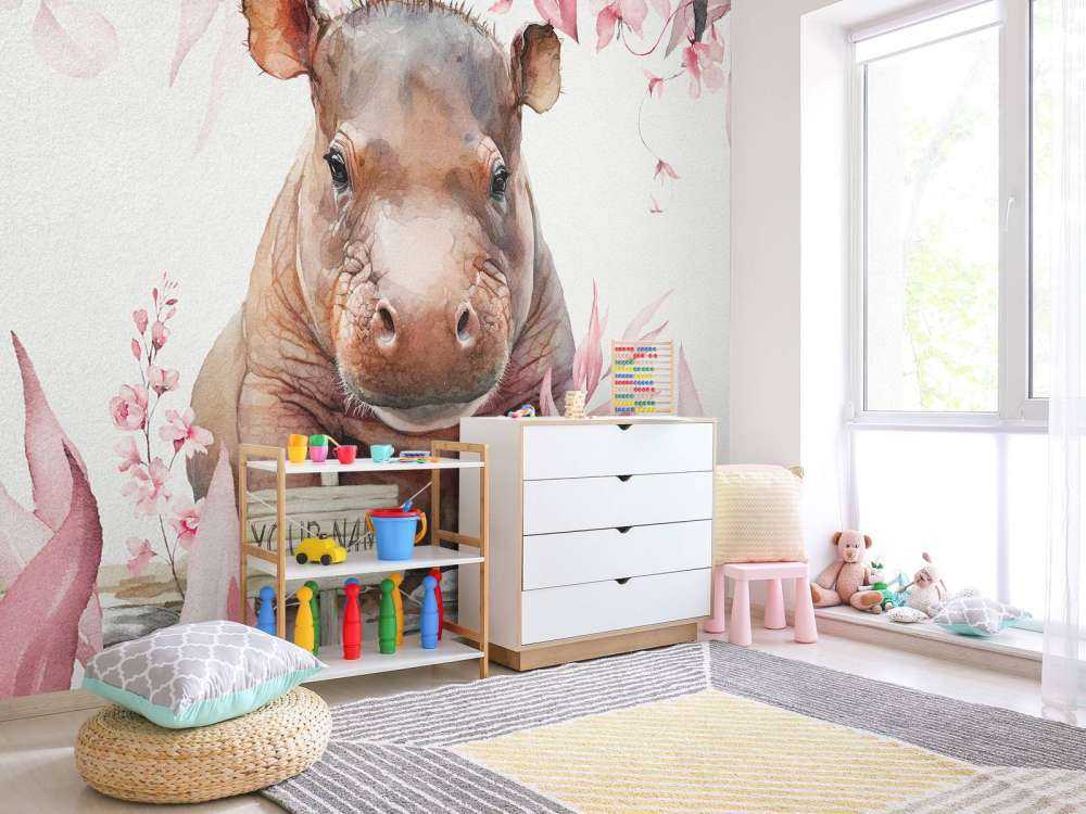 Baby hippo in the leaves pink