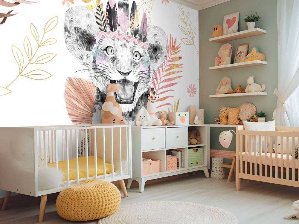 Baby lioness with coral pink and gold leaves