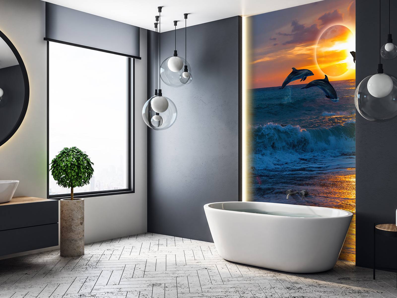 Dolphins with sunset