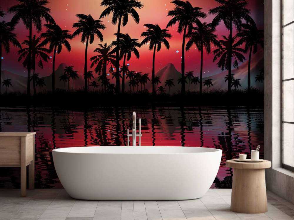 Palm trees in red sky