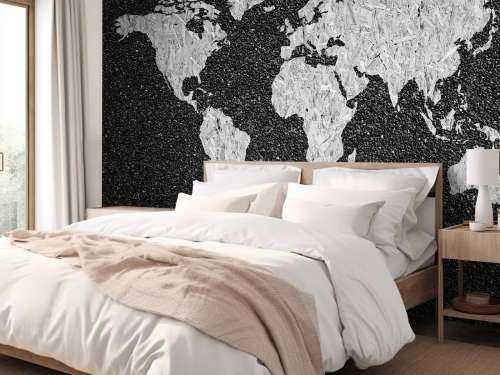White world map on black background