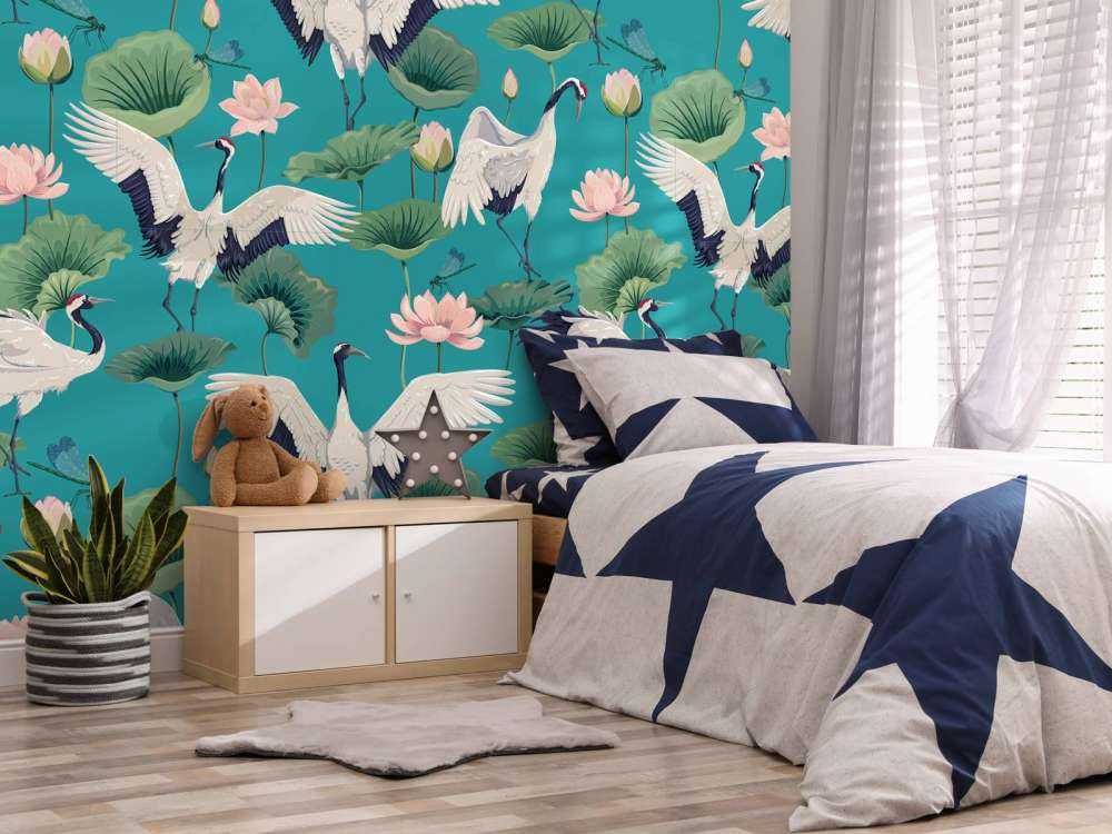 Witte kraanvogels, donkerblauw