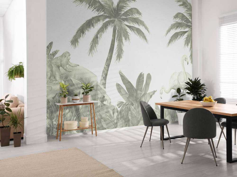 Monkeys and flamingos in green