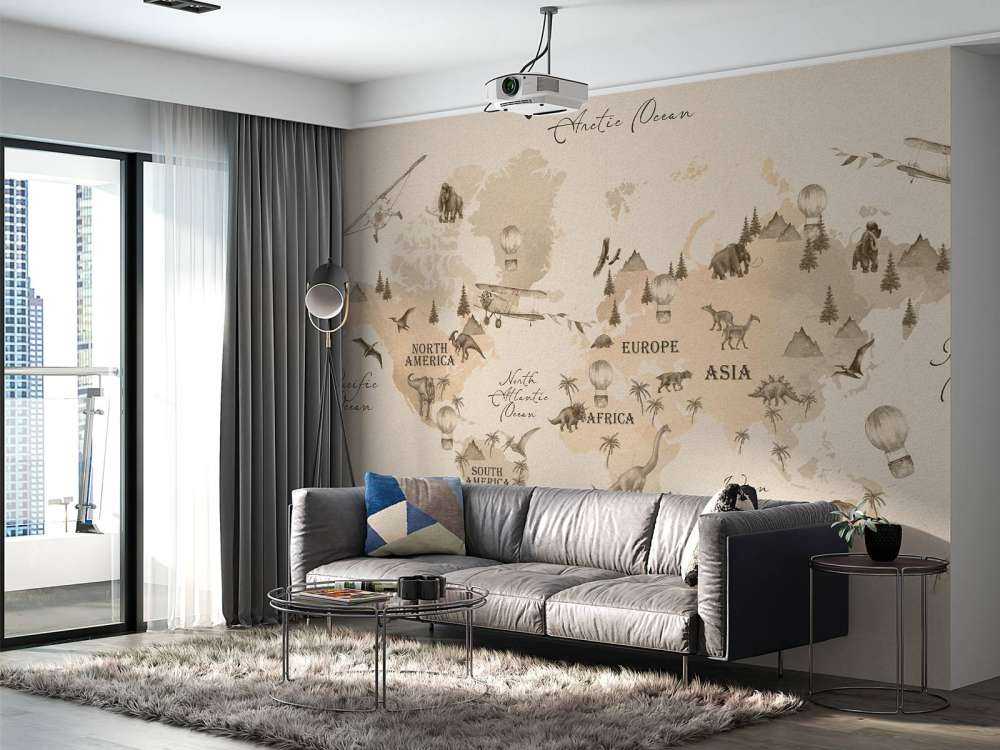 Wereldkaart met dino's beige