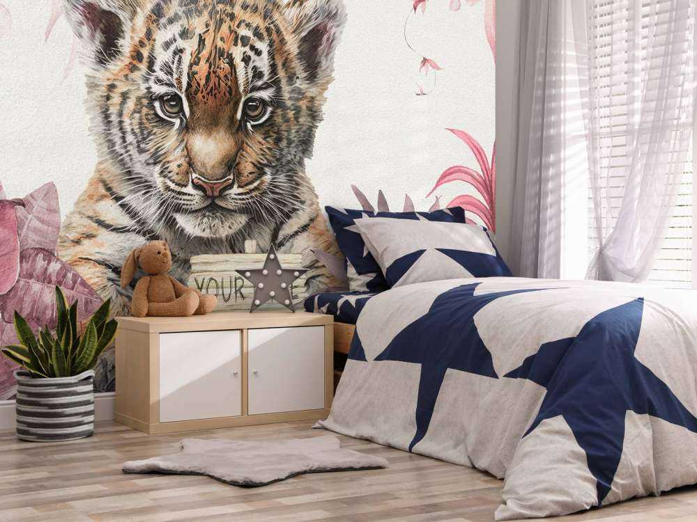 Cute tiger with plants pink