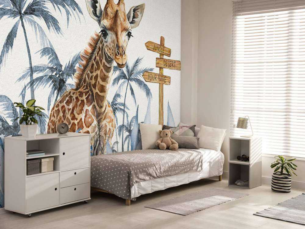 Baby giraffe in the jungle blue