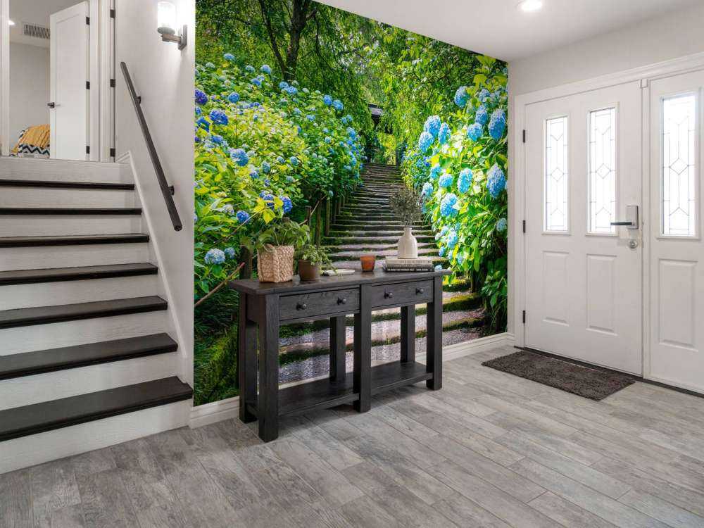 Stairs between hydrangeas