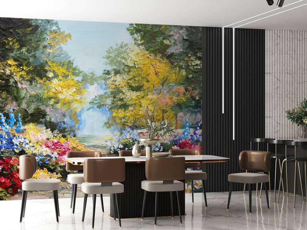 Olieverfschilderij van een parkje met bloemen