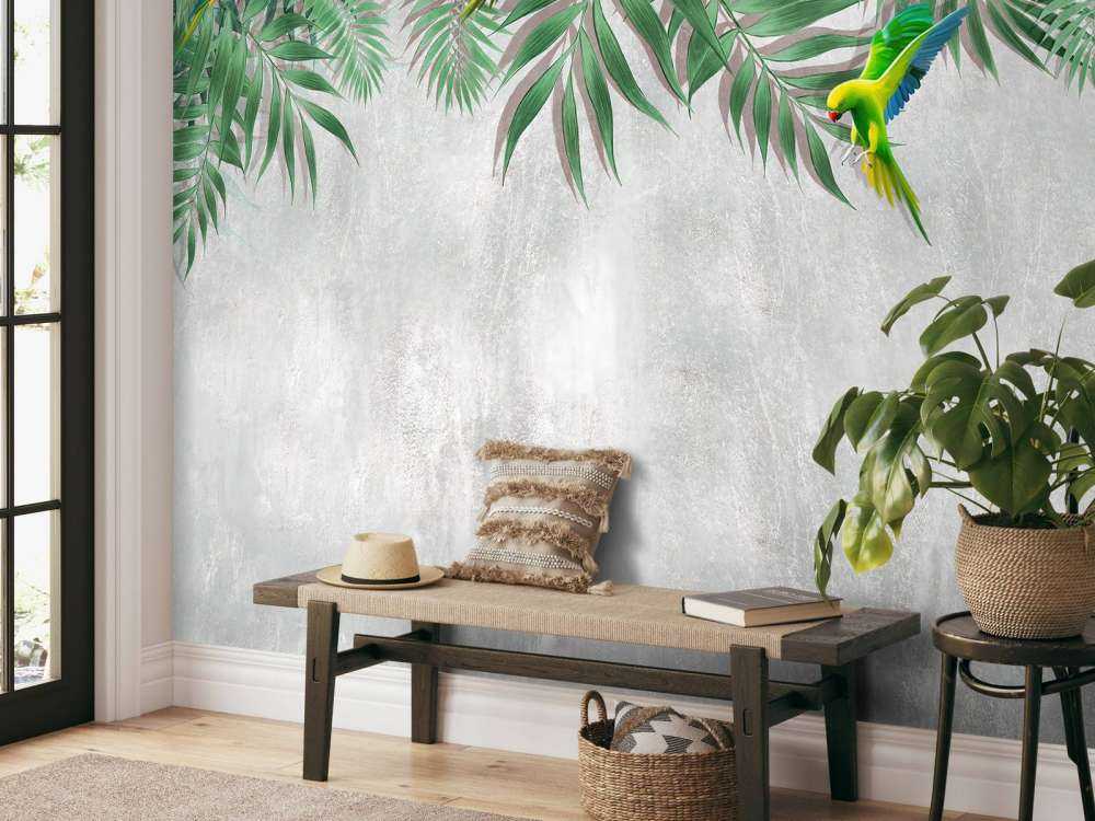 Tropical leaves and parakeets