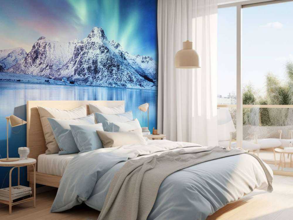 Northern lights over a frozen ocean and mountains