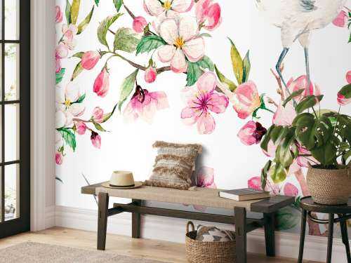 Peinture de grues avec fleurs