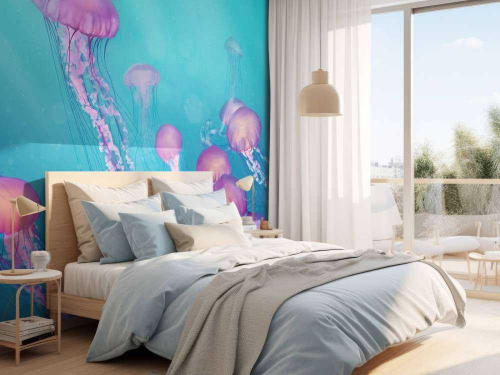 Pink jellyfish in blue sea