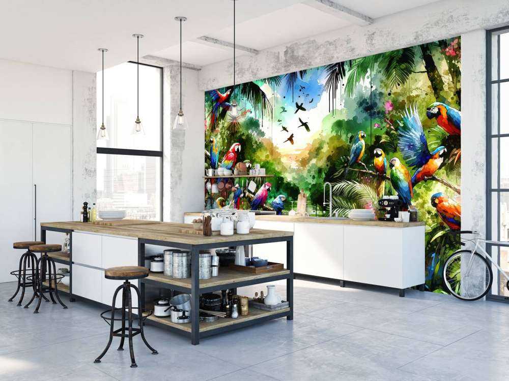 Watercolor Tropical Birds In The Jungle