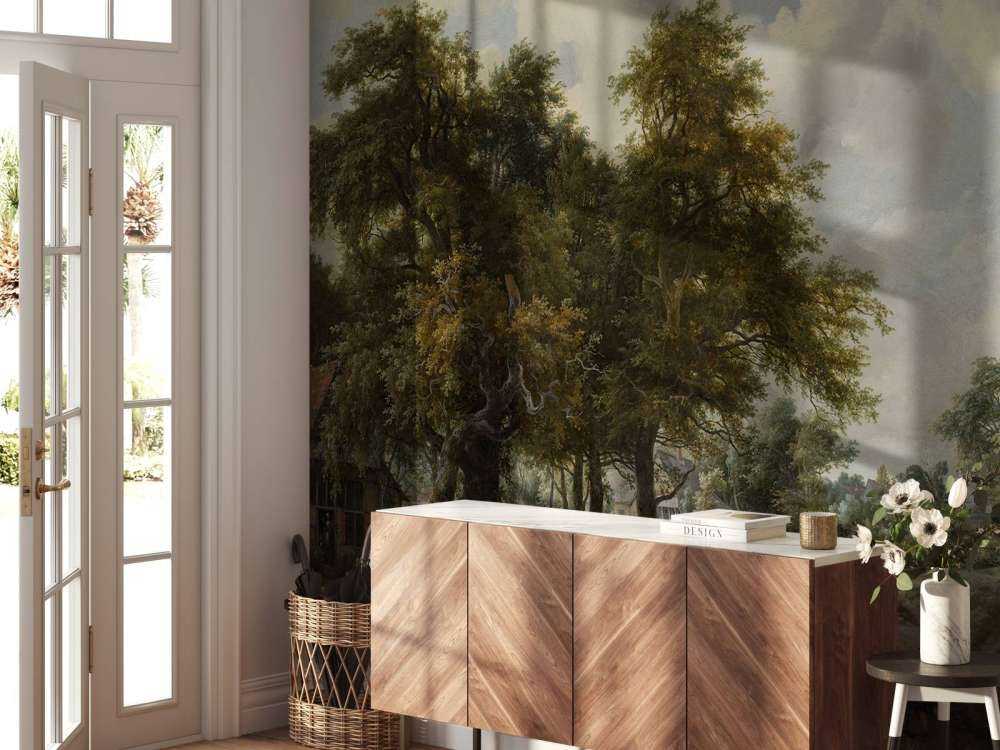 Forest landscape with farmhouses