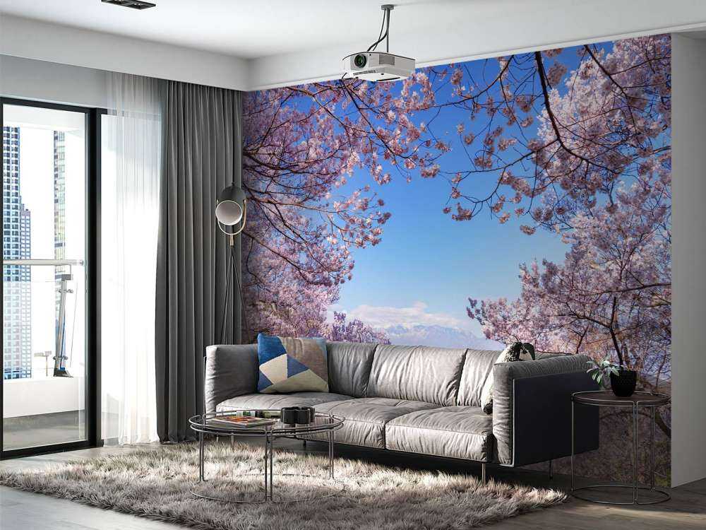 Pink blossoms with mountains