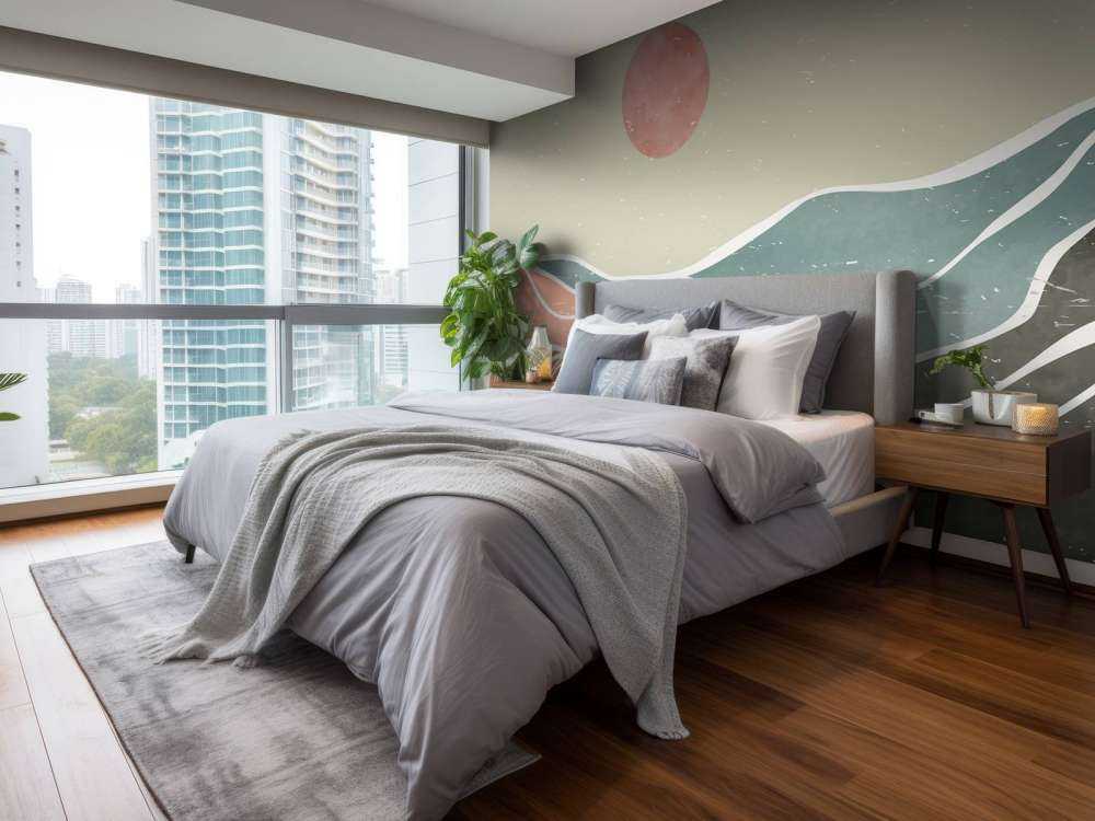 Colored ocean waves with a red moon