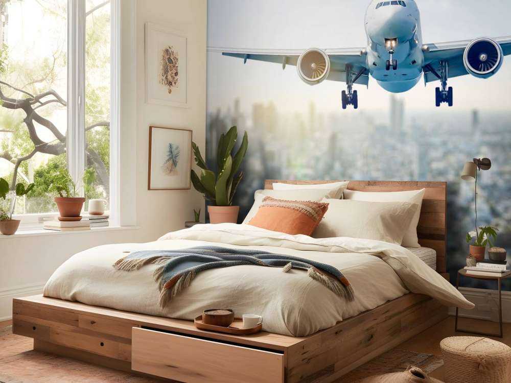 Descending airplane over a city