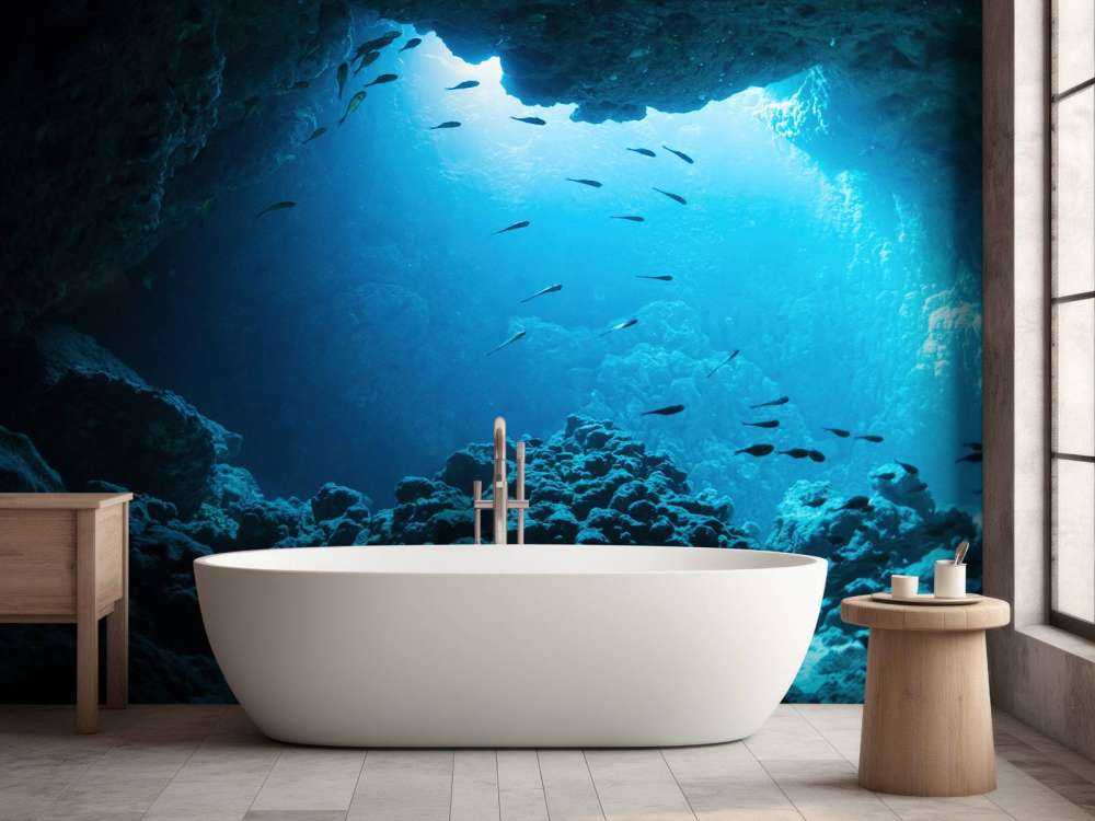 Underwater cave with fish