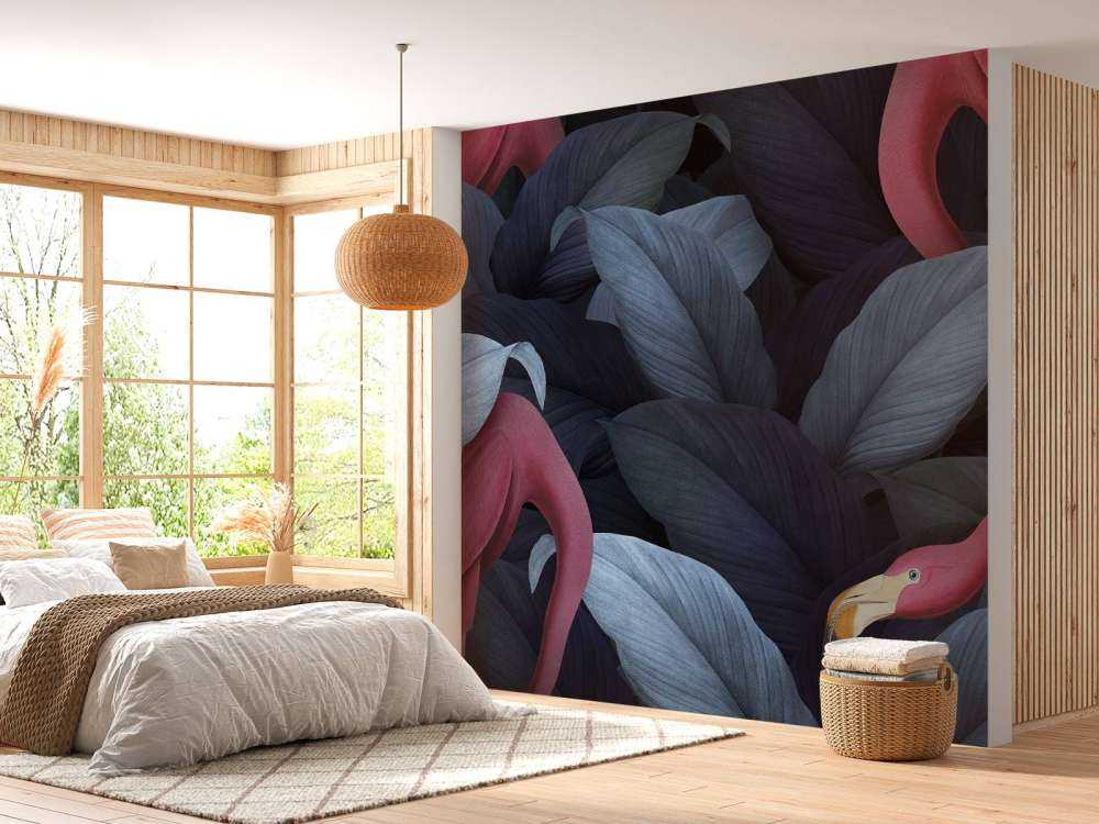 Flamingos with leaves