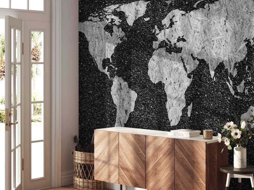 White world map on black background