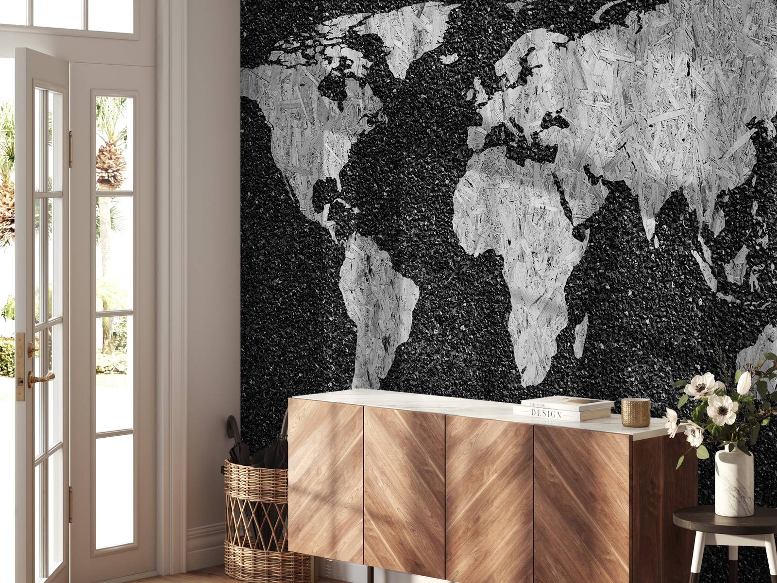 White world map on black background