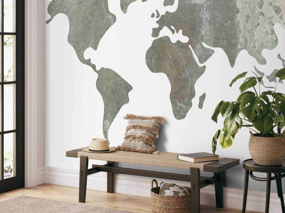 Green world map with metal structure