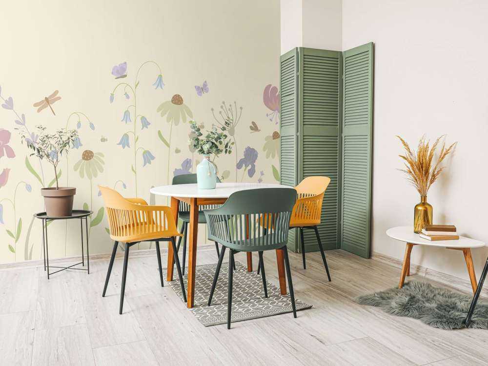 Flower field high with butterflies sand, old pink, green and lilac