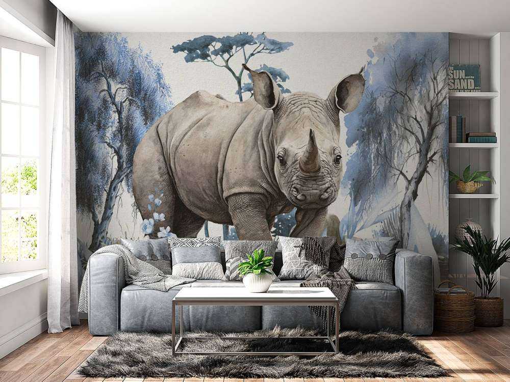 Baby rhino on the savannah blue