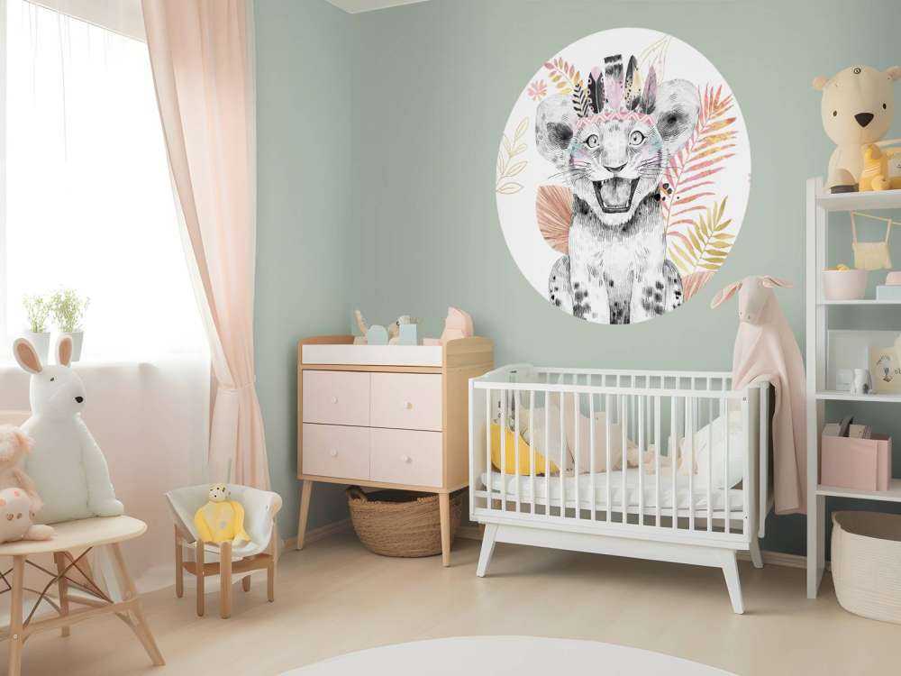 Baby lioness with coral pink and gold leaves