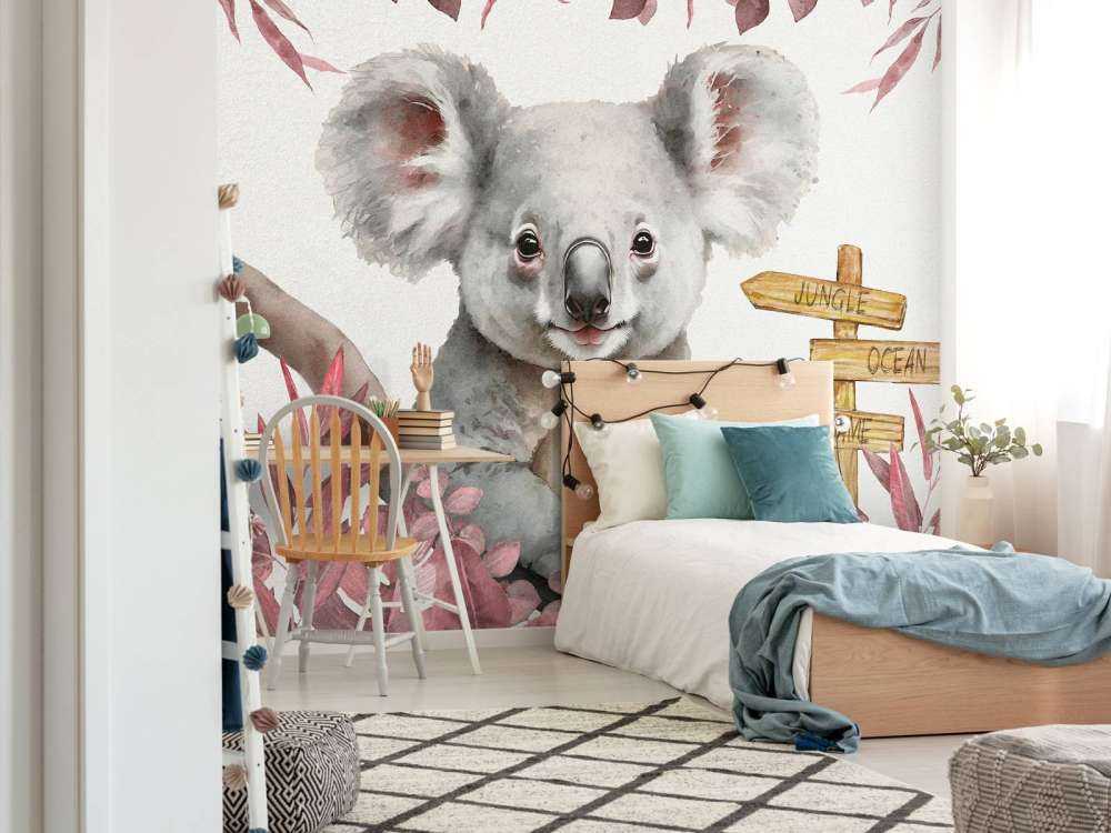 Baby koala in the jungle pink