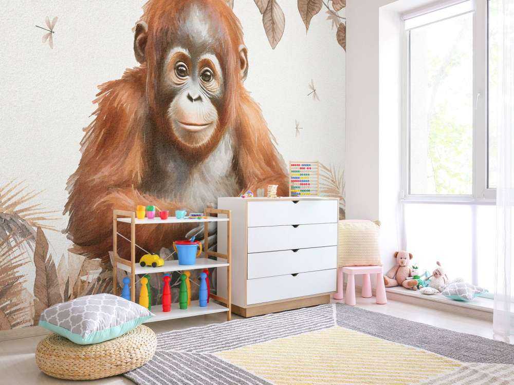 Juvenile orangutan in jungle taupe